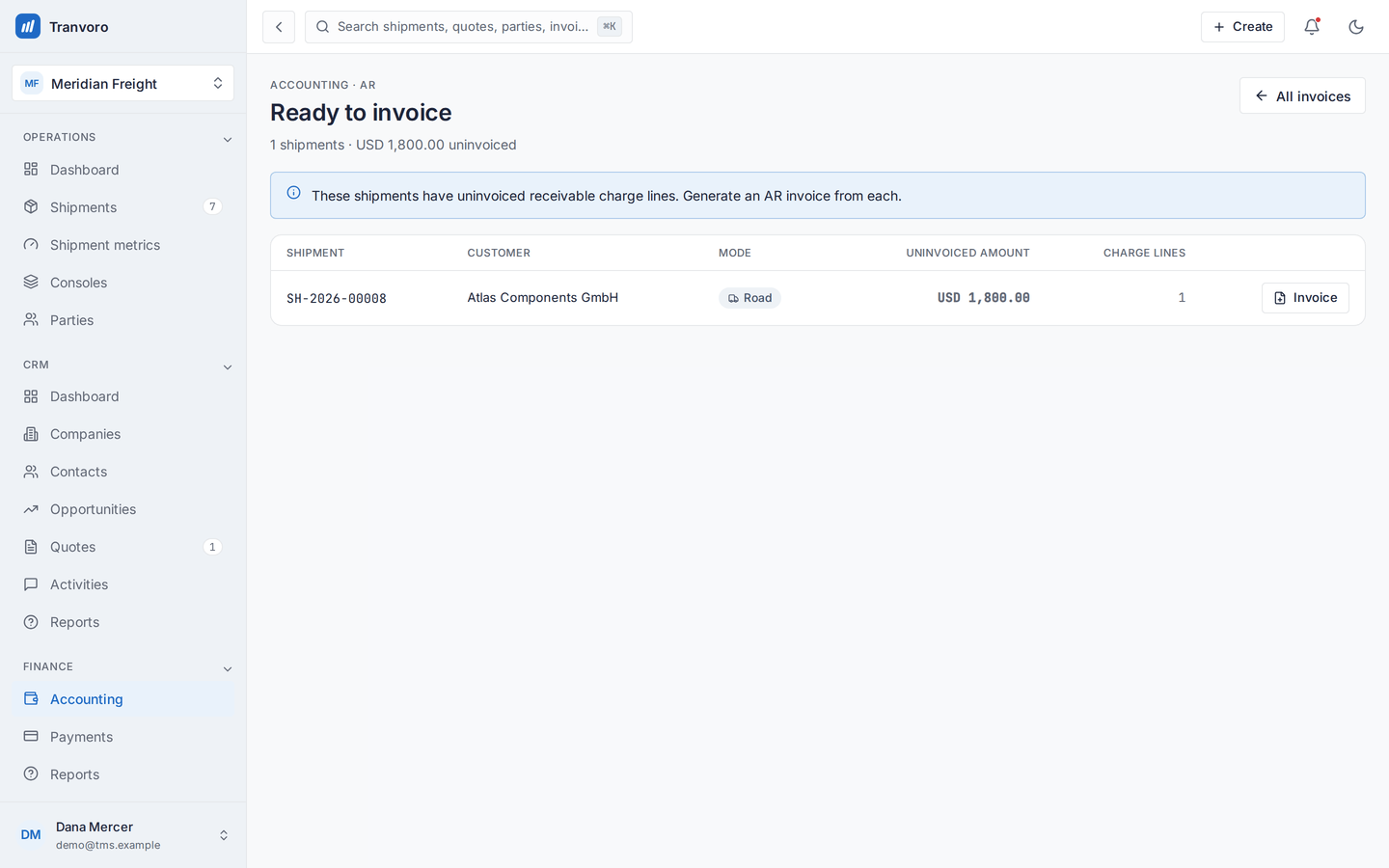 Tranvoro ready to invoice queue