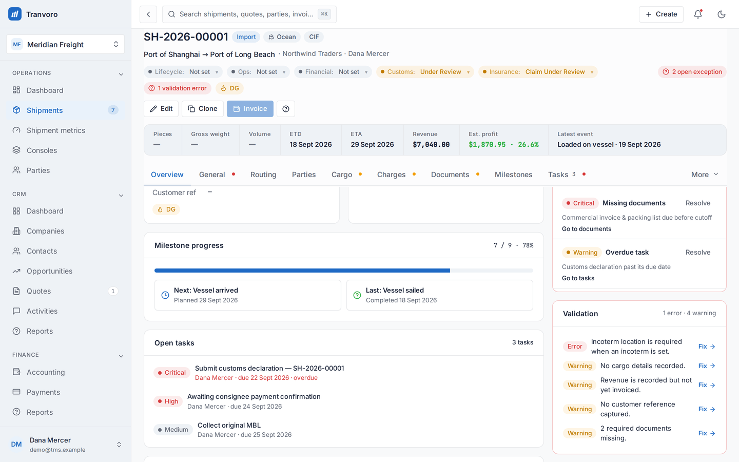 Tranvoro shipment workspace overview